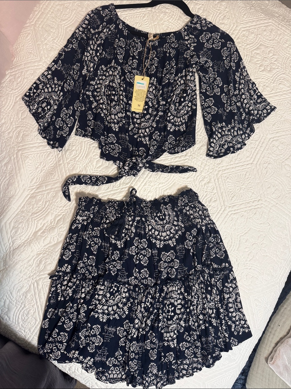Elan Navy Blue and White Floral Two-Piece Skirt Set
